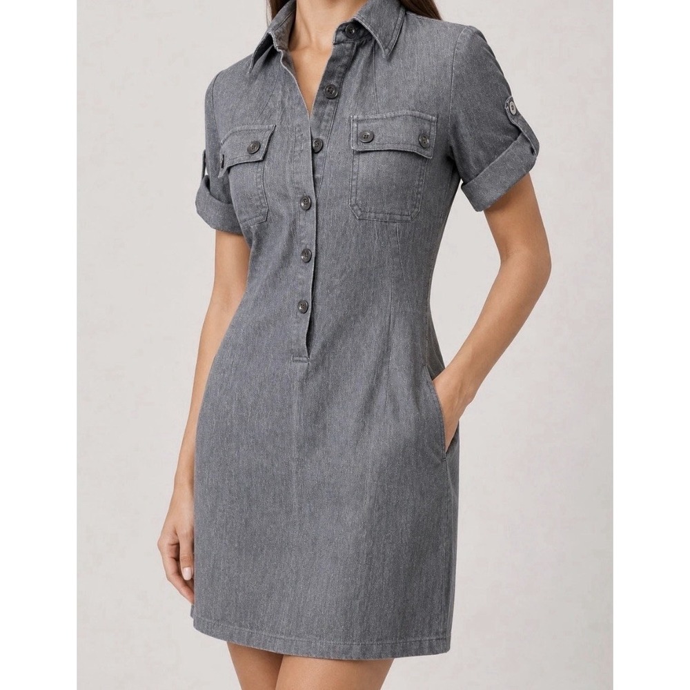 Vince Denim Jean Button Front Shirtdress Size 10 Gray With Pockets Shift